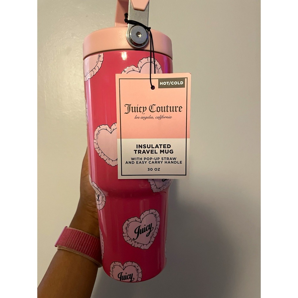 Juicy Couture 30oz Insulated Travel Tumbler Pop-Up Straw Lid Handle Pink Hearts